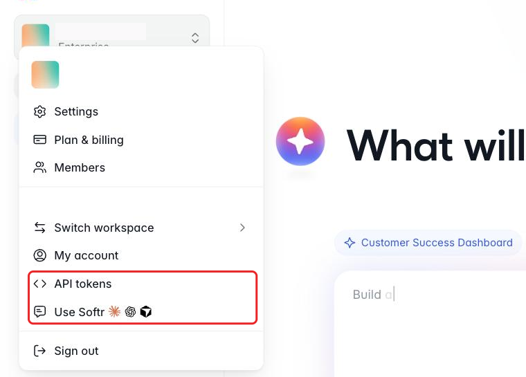 Softr Studio account menu with API tokens and Use Softr highlighted