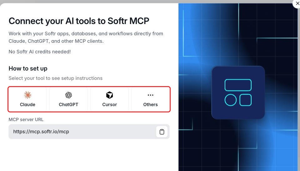 Connect your AI tools to Softr MCP dialog showing four tool tabs and the MCP server URL