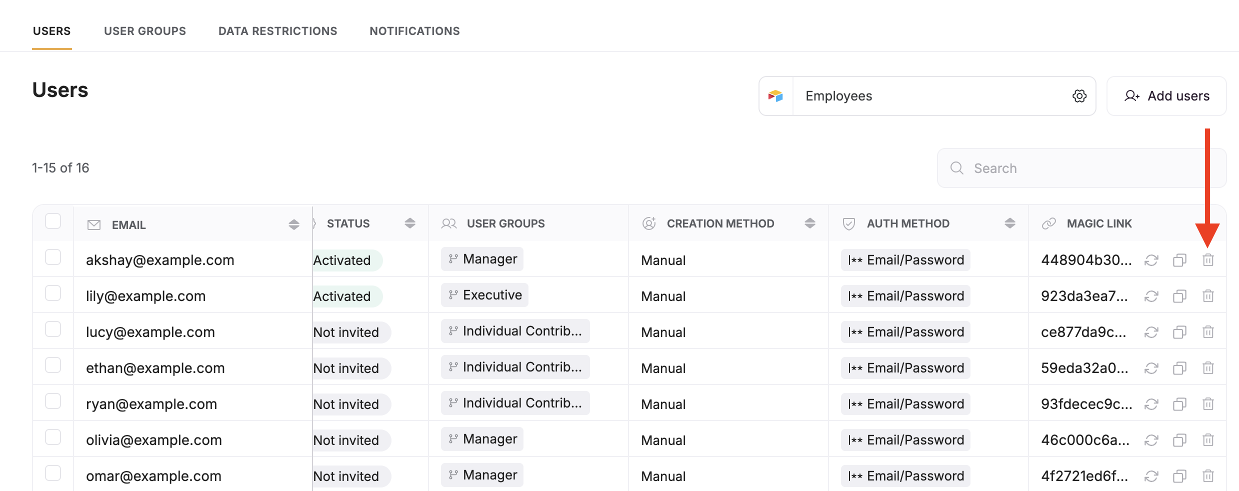 Delete a magic link using the trash can icon