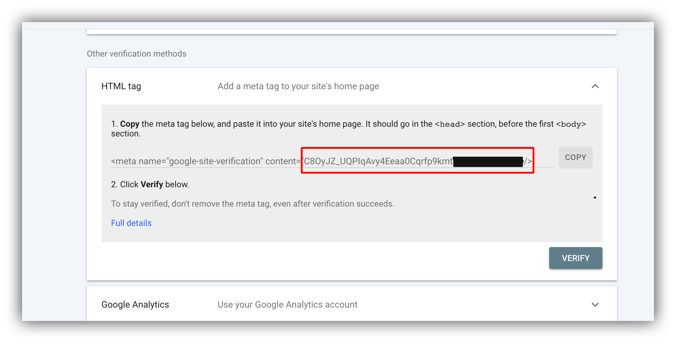 Getting the verification tag