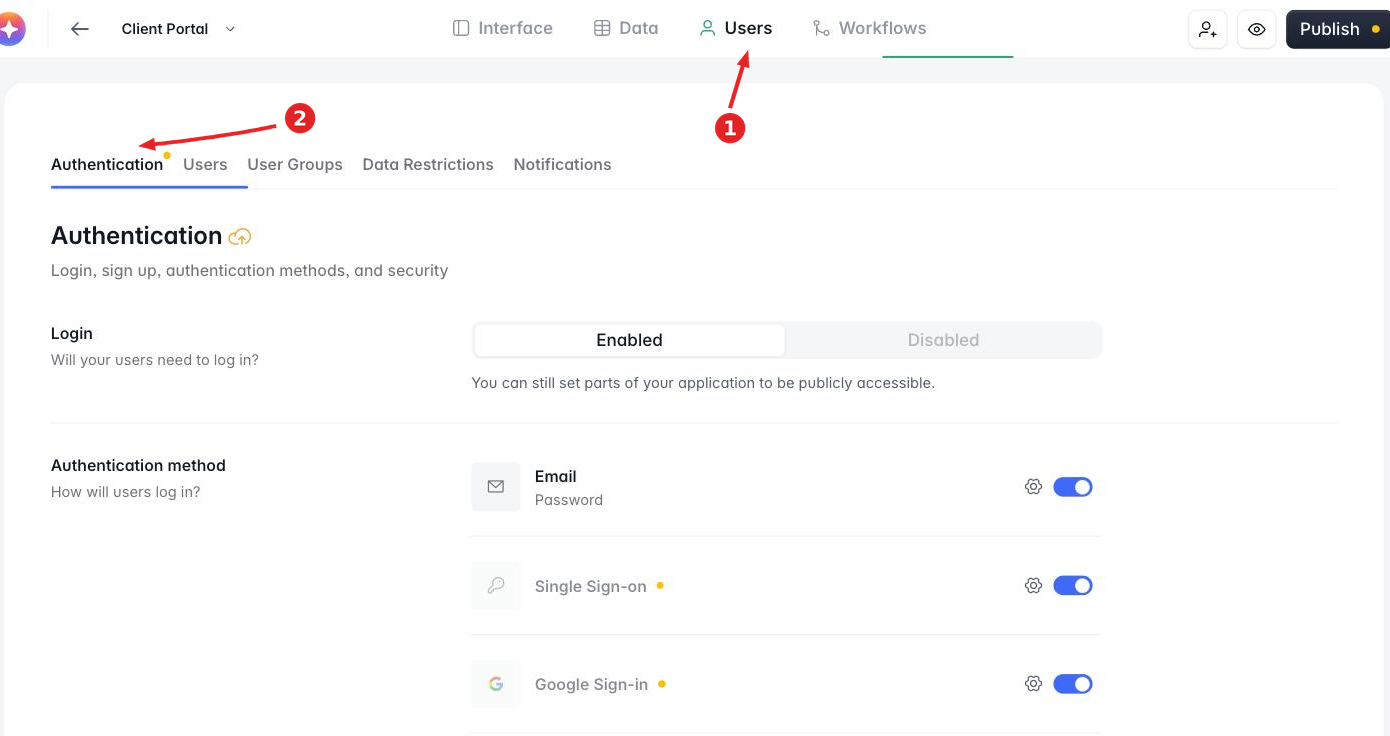 The Authentication tab in Softr Studio