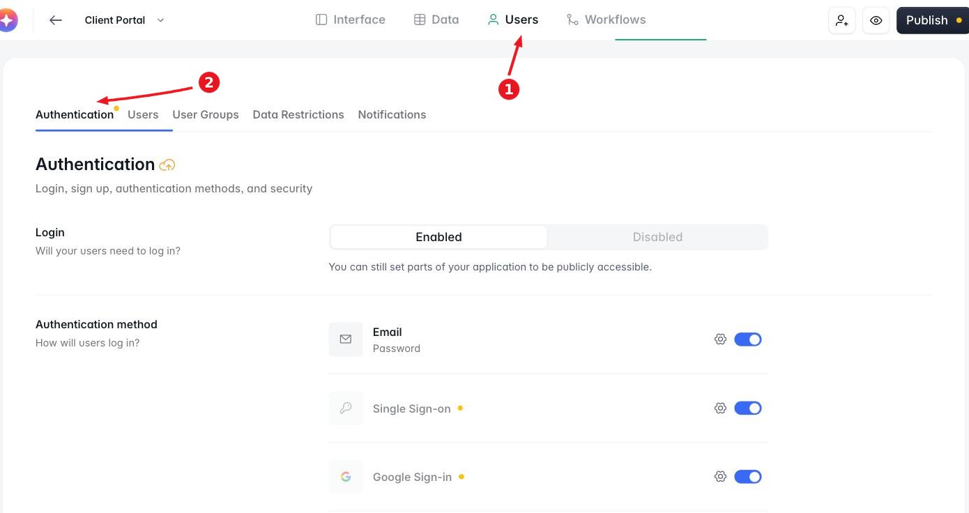 The Authentication tab in Softr Studio