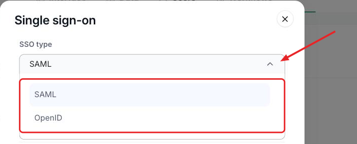SSO type dropdown showing SAML and OpenID