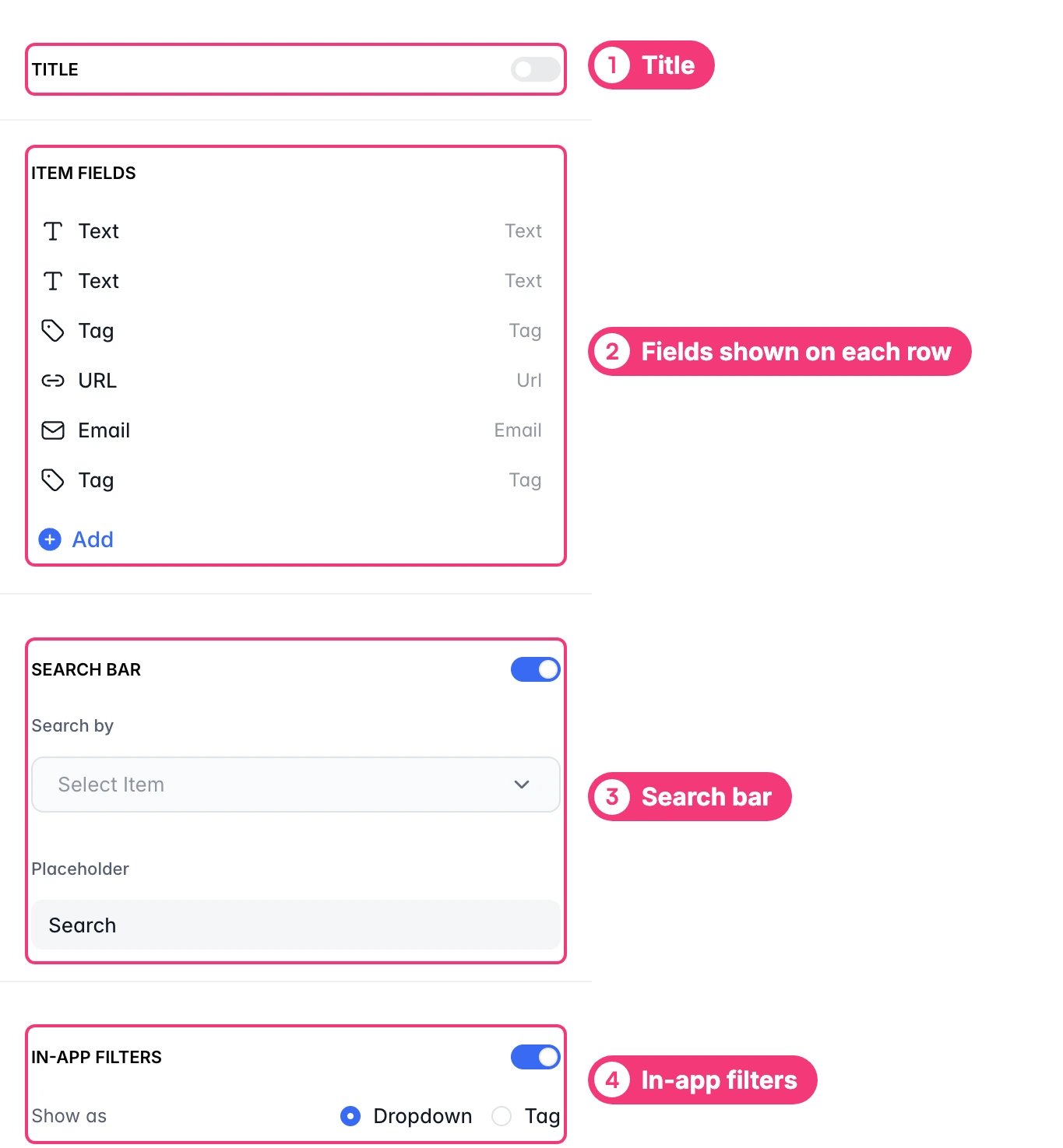 The Content tab of the Table block. Numbers point to the title, the item fields, the search bar, and the in-app filters