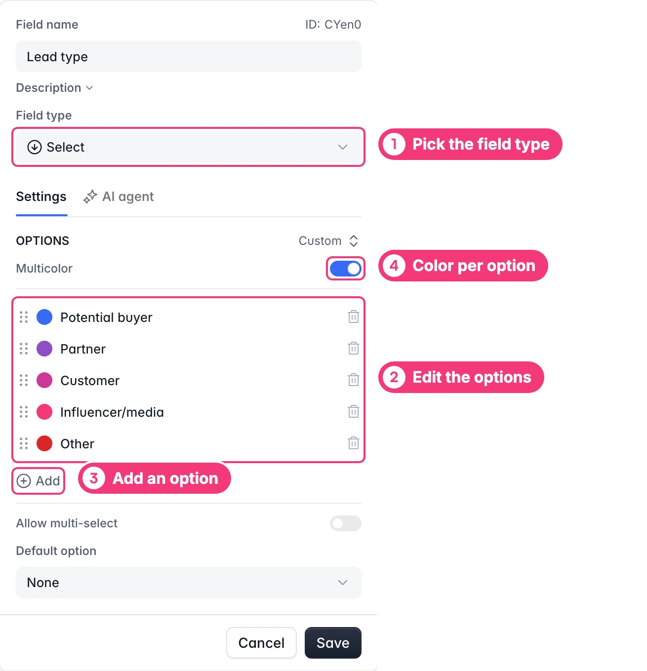 The field editor for a Select field. Numbers point to the field type, the options, the Add option button, and the multicolor toggle