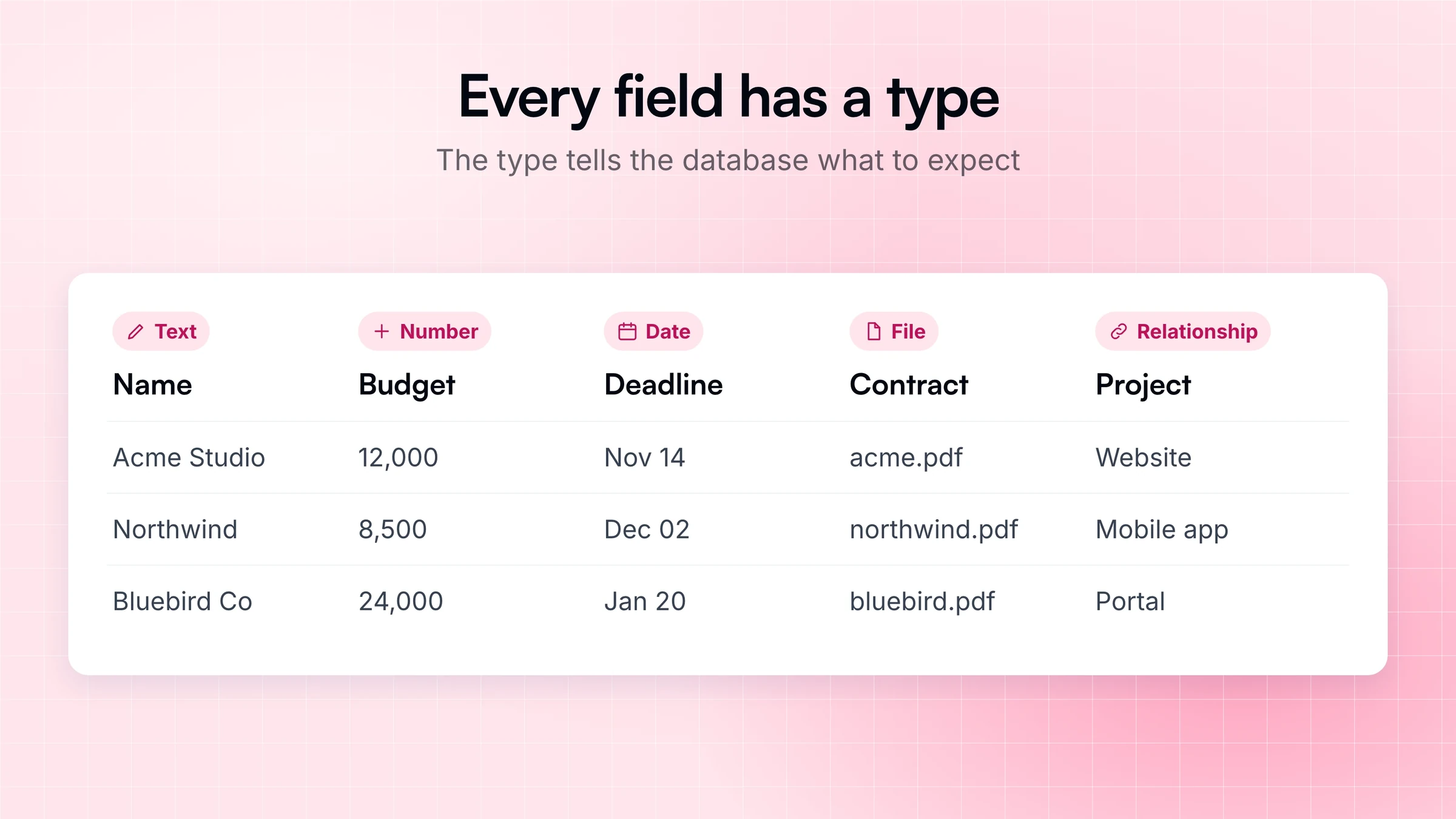 A table where each column has a type: Text, Number, Date, File, and Relationship