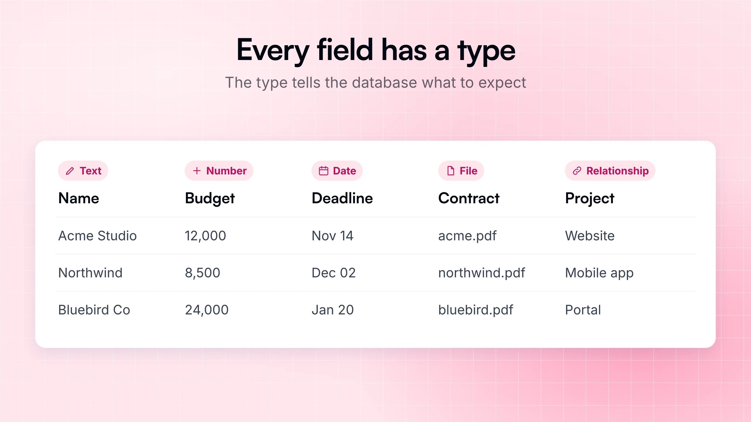 A table where each column has a type: Text, Number, Date, File, and Relationship
