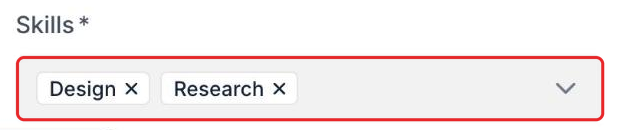 A Softr form field labelled Skills showing two selected chips, Design and Research, both applied from the page URL