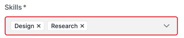 A Softr form field labelled Skills showing two selected chips, Design and Research, both applied from the page URL