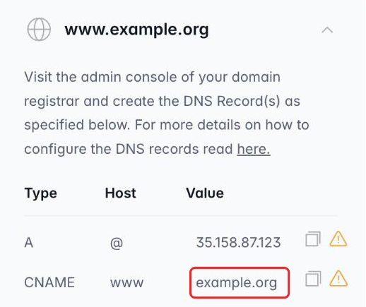 Softr’s Custom domain panel listing an A record on host @ pointing to an IP address, and a CNAME record on host www whose value is the root domain