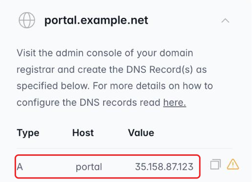 Softr’s Custom domain panel for portal.example.net listing one A record whose host is portal and whose value is an IP address