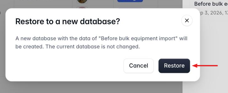 The Restore to a new database confirmation dialog, reading 'A new database with the data of Before bulk equipment import will be created. The current database is not changed.'