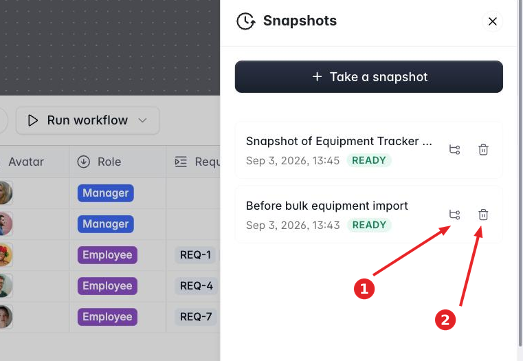 The Snapshots panel listing two ready snapshots, with the restore and delete icons highlighted on the second row