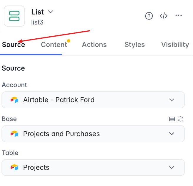 The Source tab of a block's settings panel, with the Account, Base and Table dropdowns filled in from Airtable