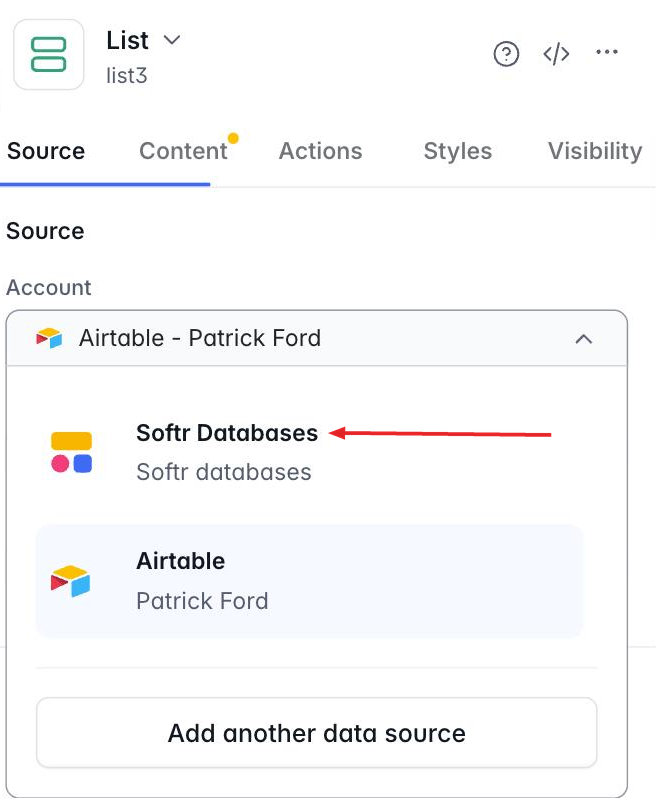 The open Account dropdown, listing Softr Databases above the connected Airtable account