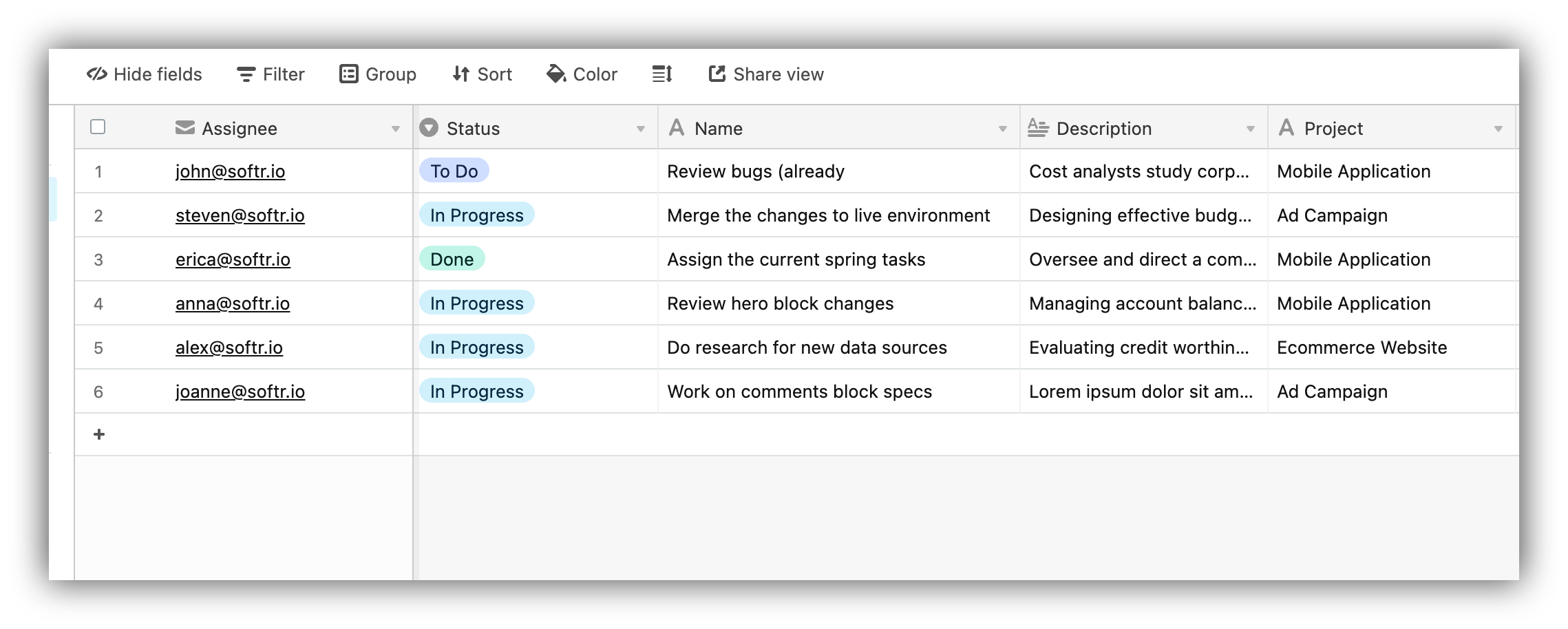 Task list on Airtable