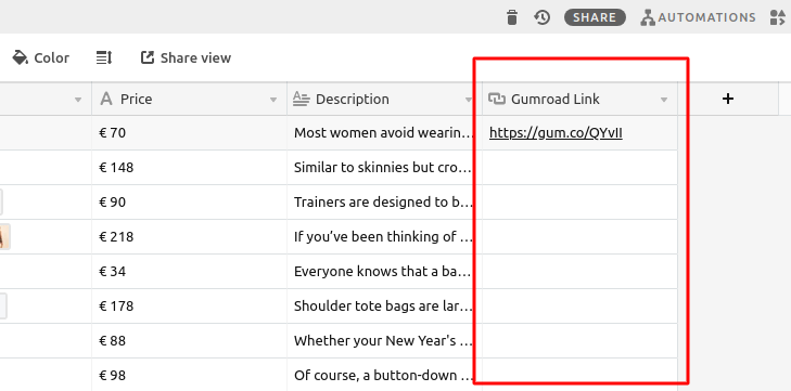 Gumroad link in product list on Airtable