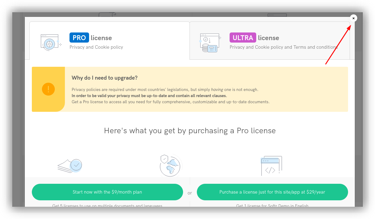 Closing the upgrade pop-up