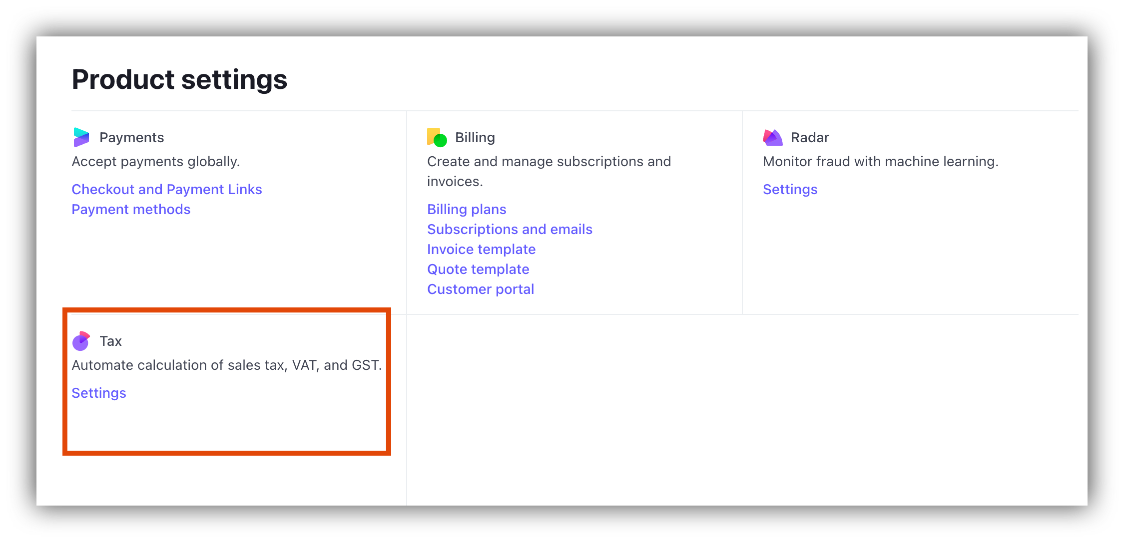 Selecting Tax settings