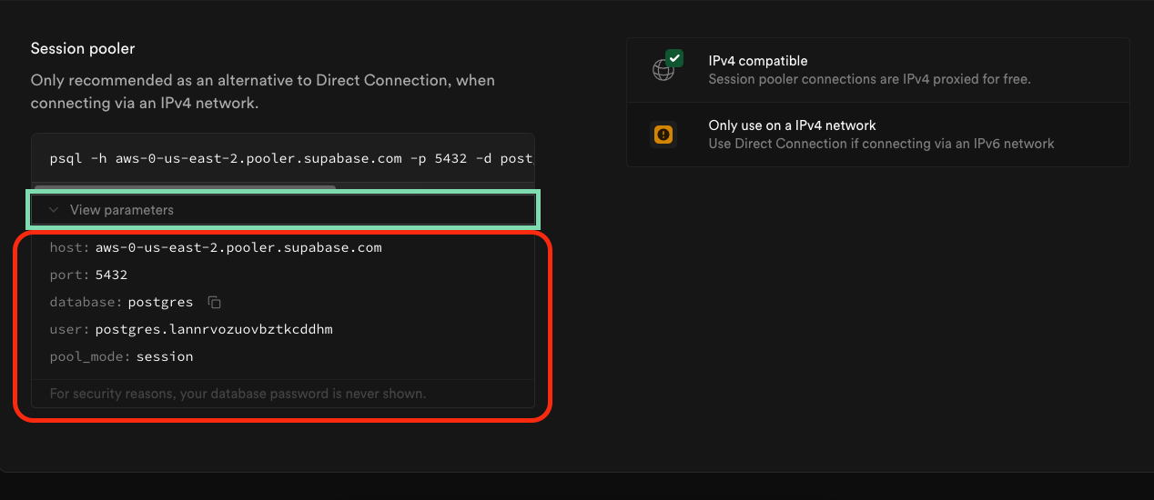 Find the Connection parameters section and copy down the credentials