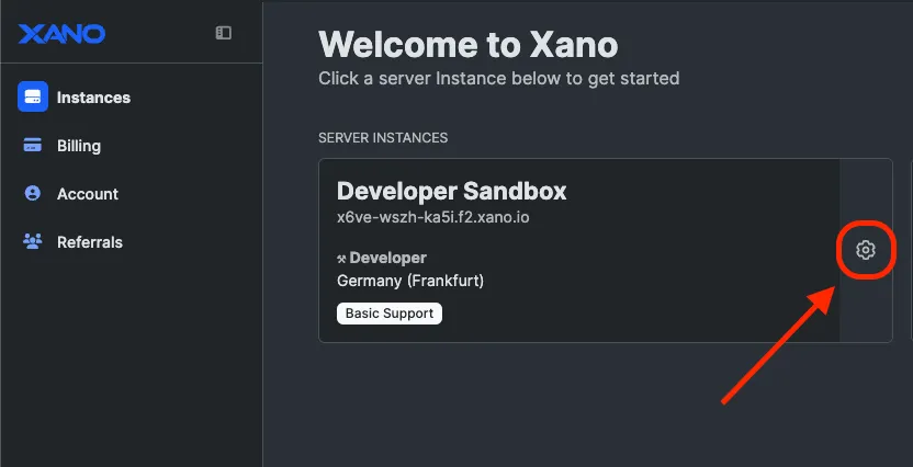 Click on the gear icon next to the server instance you want to connect to.