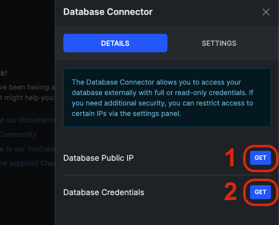 Click the GET buttons to generate a public IP and server credentials.