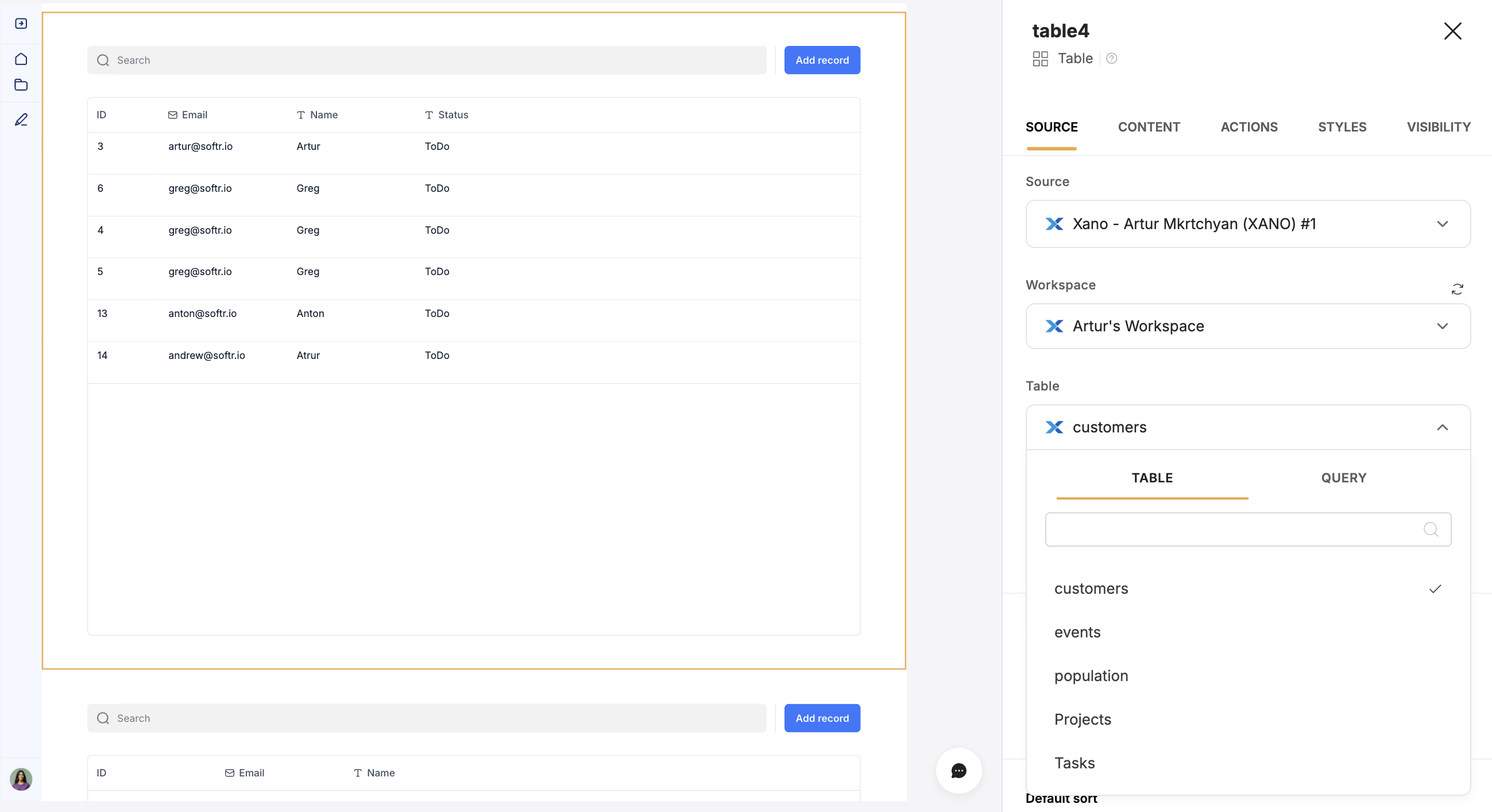 Connect Xano table to dynamic block
