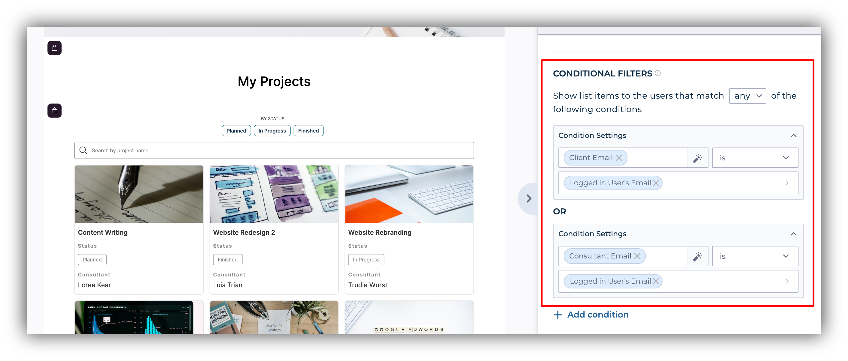 Conditional filters applied on the list of projects