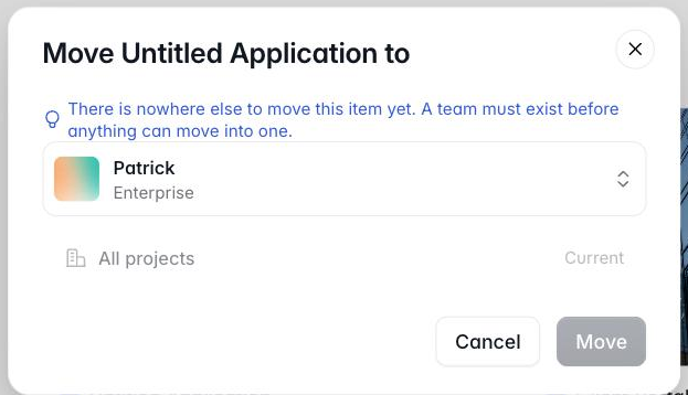 Move Untitled Application to dialog with a workspace dropdown, All projects marked Current, and Cancel and Move buttons