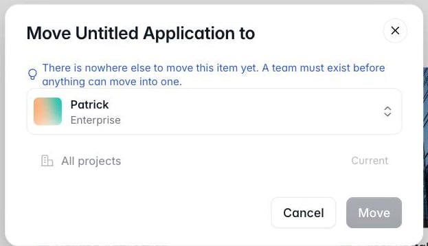 Move Untitled Application to dialog with a workspace dropdown, All projects marked Current, and Cancel and Move buttons