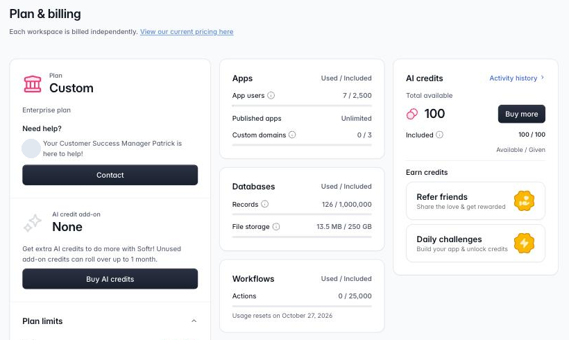 Official Softr documentation screenshot of the Plan and billing page with the current plan on the left and usage cards for apps, app users, AI credits, database records, file storage and workflow actions