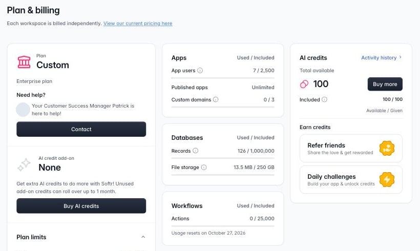 Plan & billing page with the current plan on the left, usage cards for Apps, Databases and Workflows in the middle, and AI credits on the right