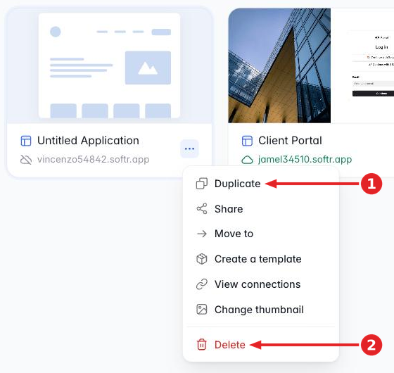 Project card menu with an arrow marked 1 pointing at Duplicate and an arrow marked 2 pointing at Delete