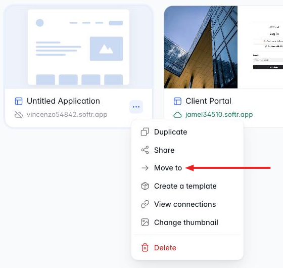 Project card menu open with an arrow pointing at Move to