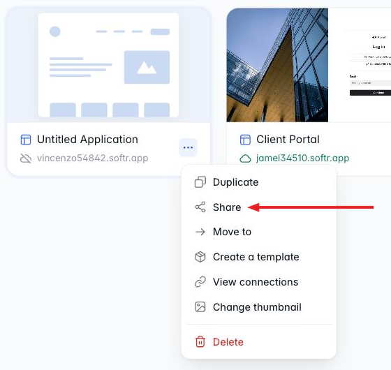 Project card menu open with Duplicate, Share, Move to, Create a template, View connections, Change thumbnail and Delete, and an arrow pointing at Share
