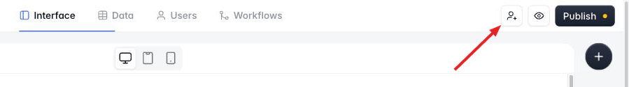 Softr Studio top bar with an arrow pointing at the Share icon to the left of the Preview and Publish buttons