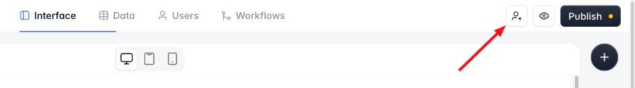 Softr Studio top bar with an arrow pointing at the Share icon to the left of the Preview and Publish buttons