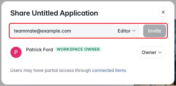 Share Untitled Application dialog with an email address and the Editor role selected in the invite field, the Invite button, and the project owner listed below
