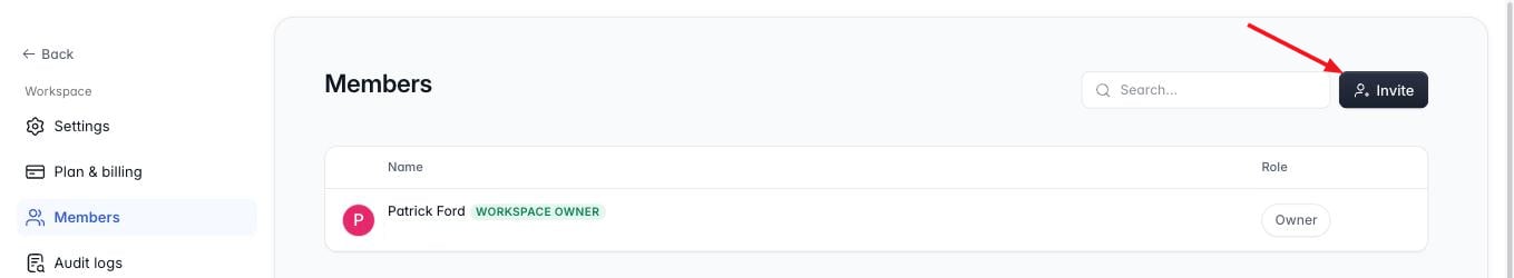 Members page listing the workspace owner with the Owner role, and an arrow pointing at the Invite button