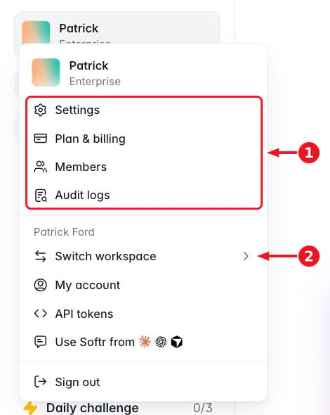 Workspace menu with a box around Settings, Plan & billing, Members and Audit logs marked 1, and an arrow marked 2 pointing at Switch workspace