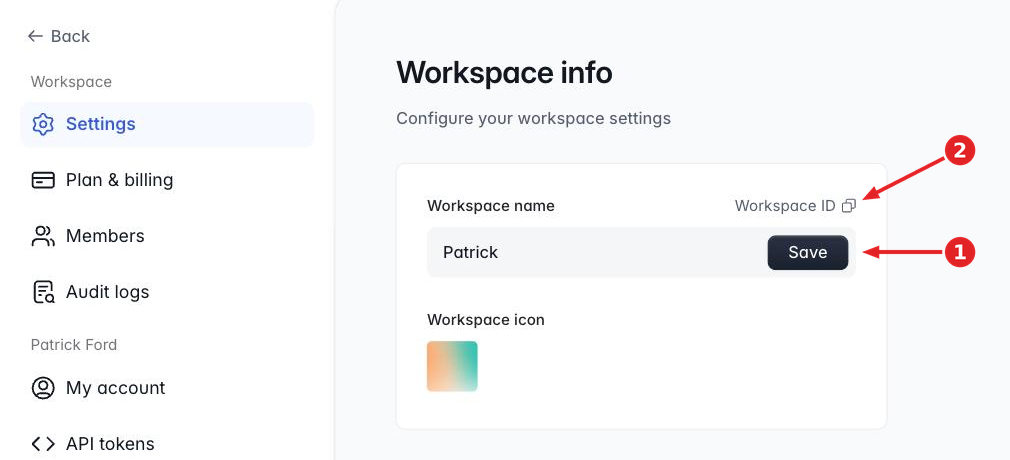 Workspace info page with an arrow marked 1 pointing at the Workspace name field and its Save button, and an arrow marked 2 pointing at the Workspace ID copy button