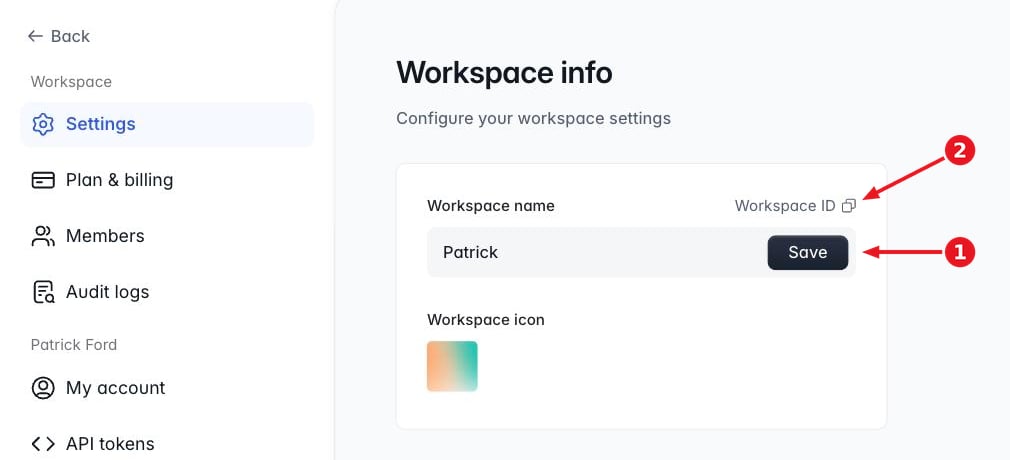 Workspace info page with an arrow marked 1 pointing at the Workspace name field and its Save button, and an arrow marked 2 pointing at the Workspace ID copy button