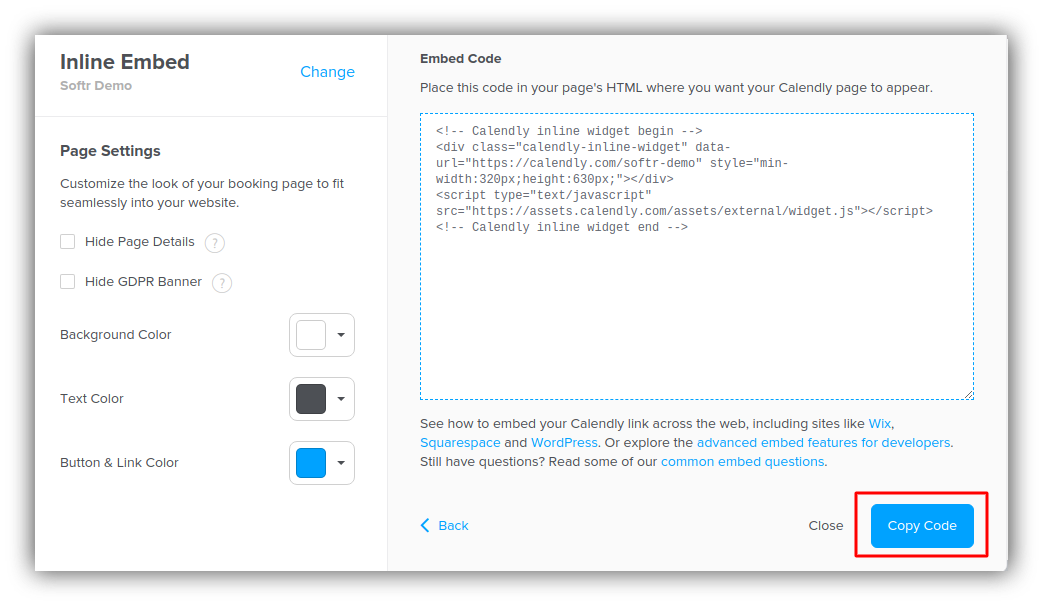 Copying the Calendly page code