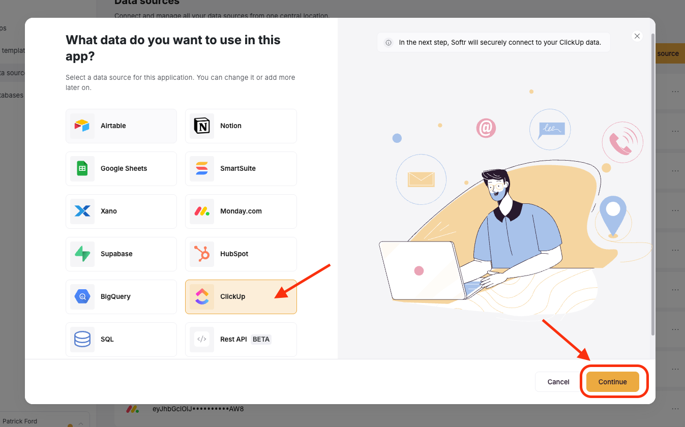 Select Clickup, then click Continue in the bottom right