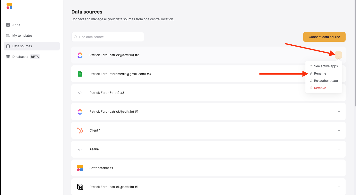 Click the three dots to edit, rename, delete, or see all apps the data source is being used in.
