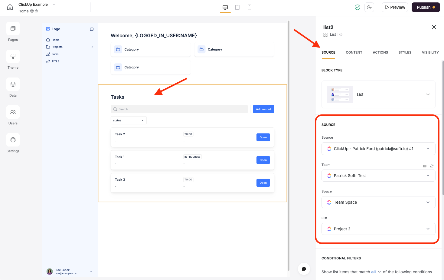 Use the settings for the block to connect ClickUp to dynamic blocks.