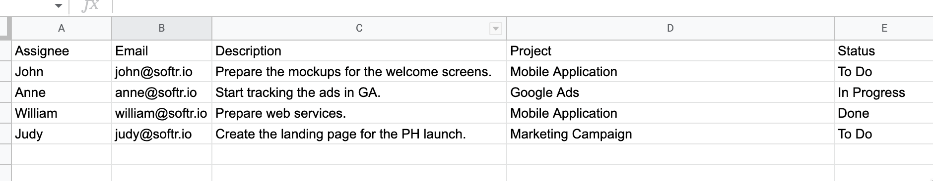 Field names and values on Google Sheets