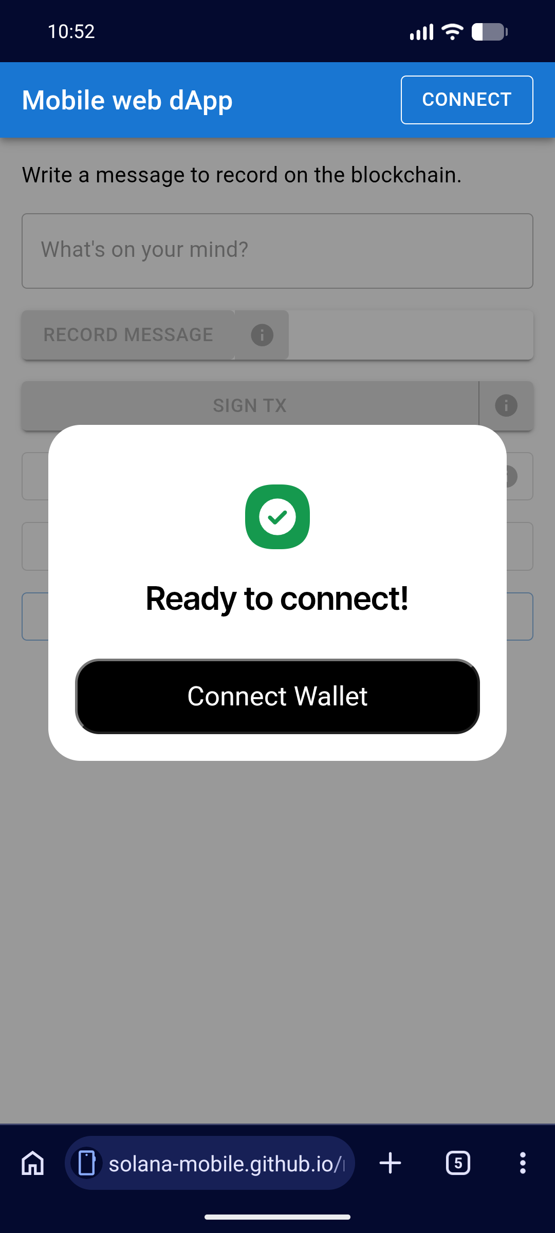 Success dialog with connect wallet button