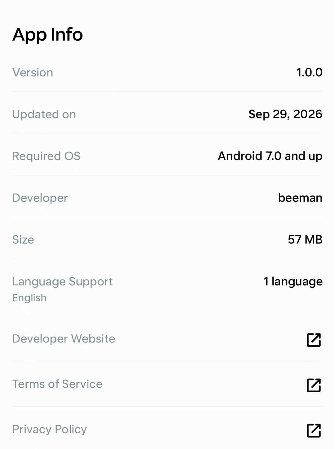 Pocket Address listing App Info section with developer website, terms of service, and privacy policy links