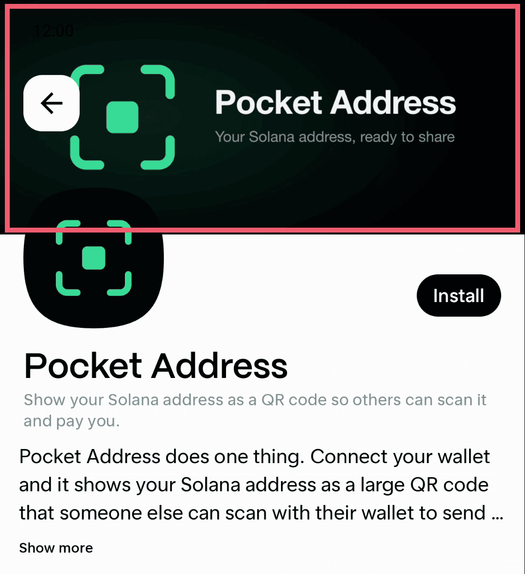 Pocket Address listing with the banner highlighted at the top of the page